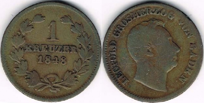 (1848) Монета Германия (Баден) 1848 год 1 крейцер &quot;Леопольд I&quot;  Медь  VF